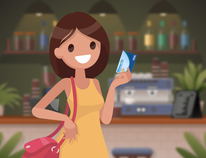 M1 CURewards credit card held by a smiling woman in a cozy coffee shop