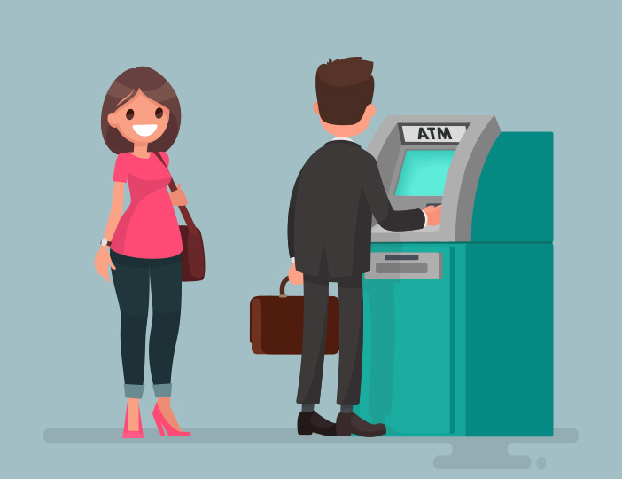 Credit union member using an ATM with text overlay promoting free ATM transactions at M1 ATMs and over 30,000 ATMs marked with the CO-OP Network logo.