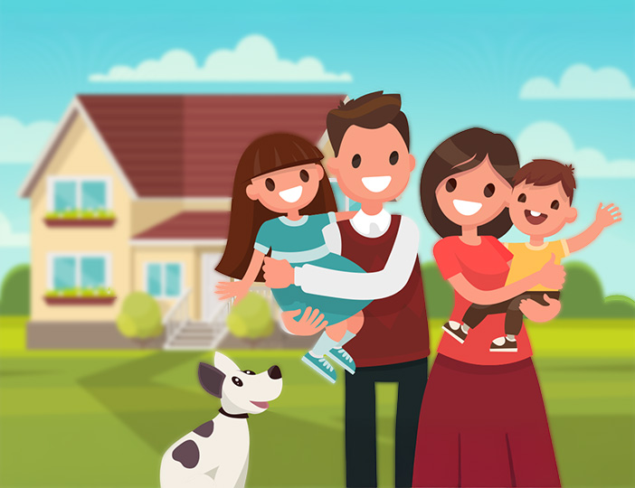 Family standing in front of house