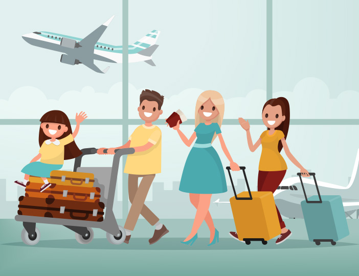 Happy family waving at the airport with luggage, preparing for a trip using M1 debit card travel rewards from their credit union.