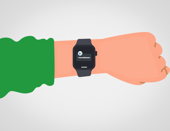 Close-up of hand wearing smartwatch displaying real-time M1 Credit Union account alerts for secure and convenient banking updates.
