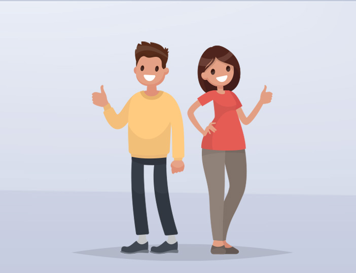 Two smiling credit union members giving thumbs up, celebrating their new checking account benefits.